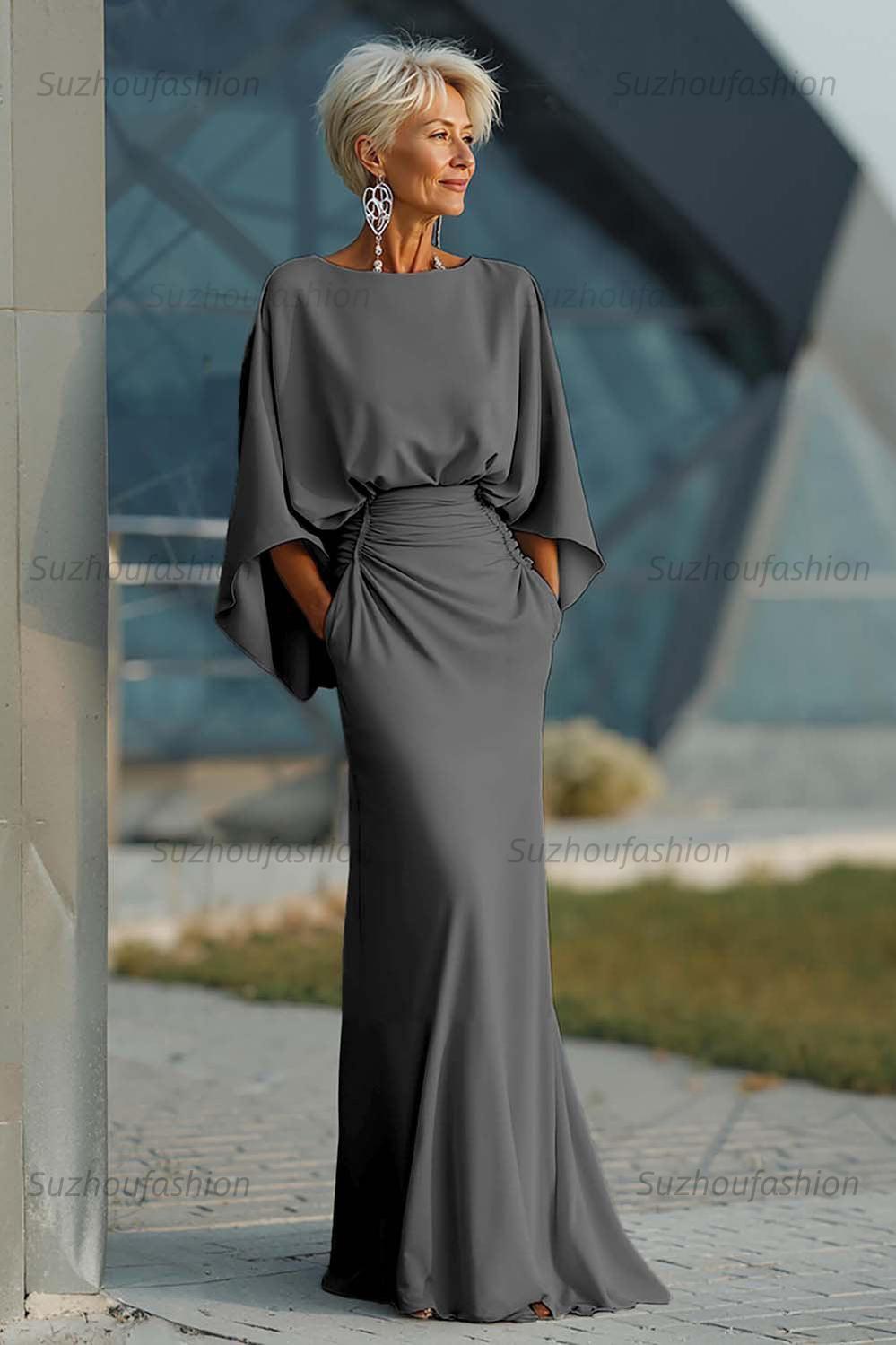 Navy Satin Mermaid Backless Long Mother Of The Bride Dress With Pockets