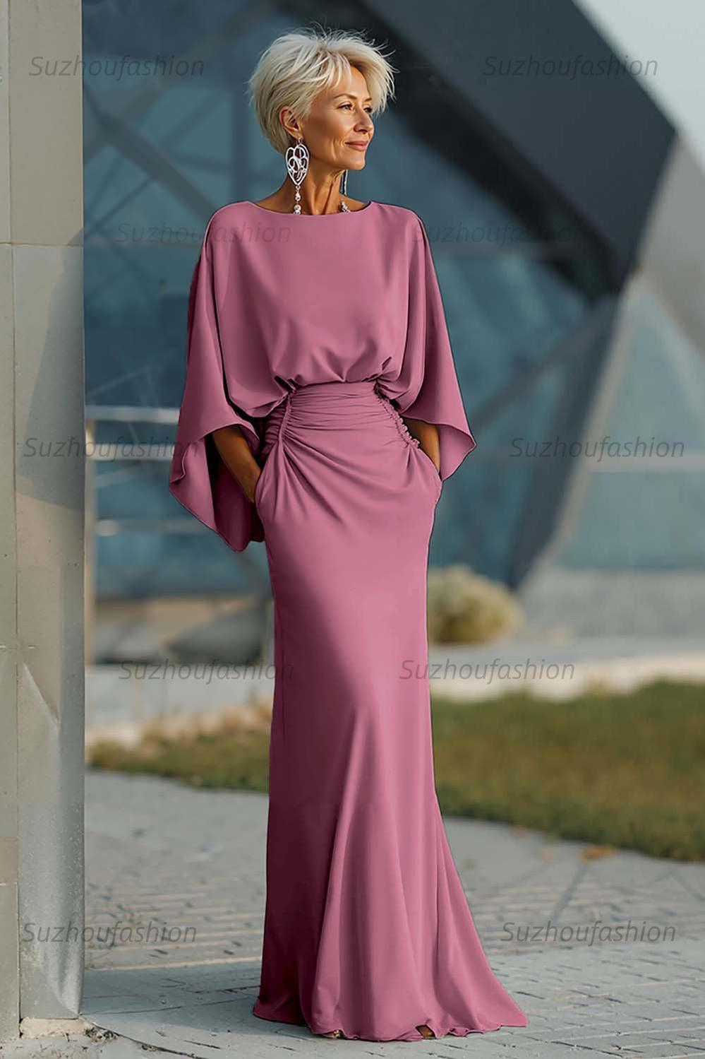 Navy Satin Mermaid Backless Long Mother Of The Bride Dress With Pockets