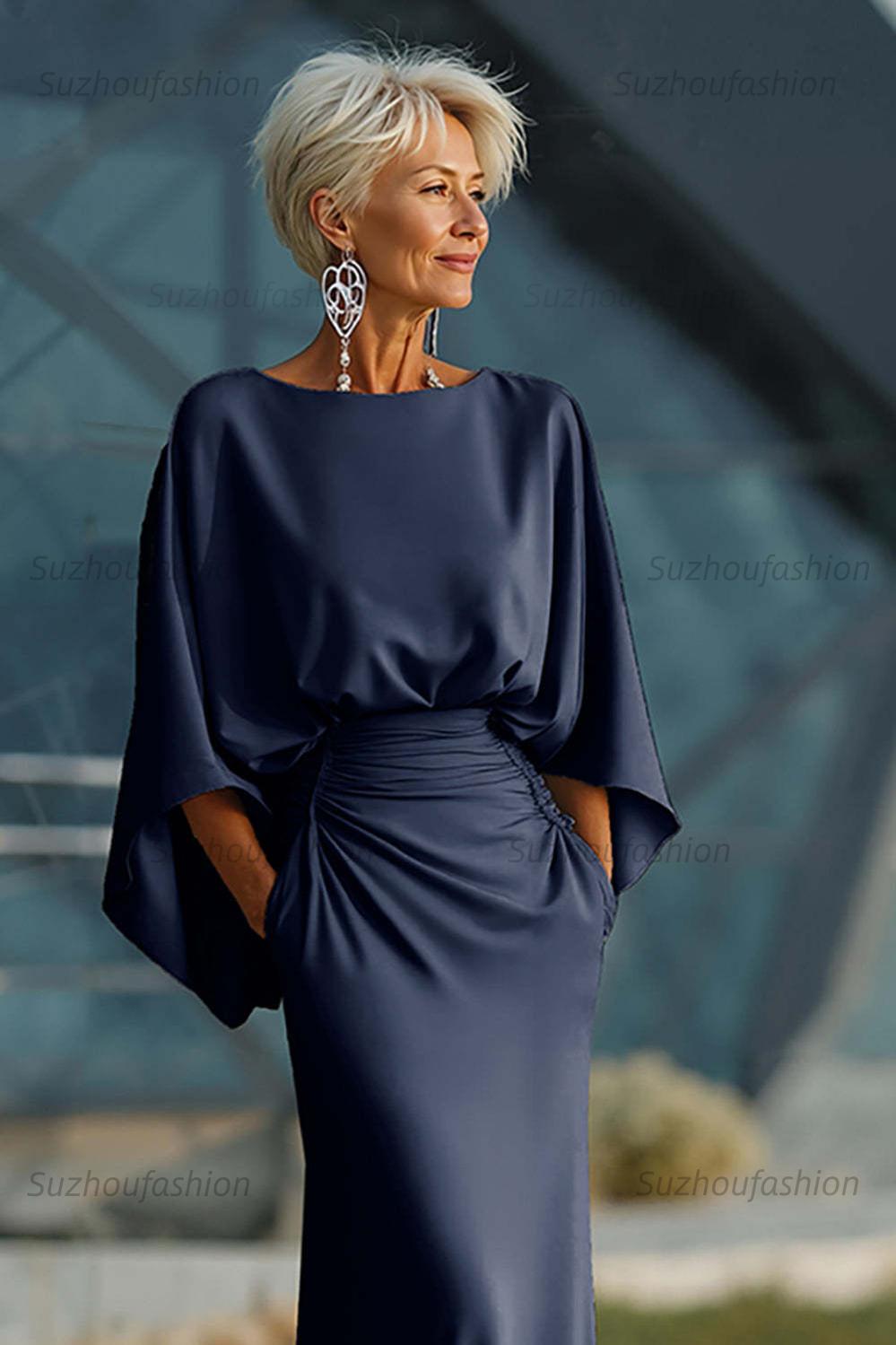 Navy Satin Mermaid Backless Long Mother Of The Bride Dress With Pockets