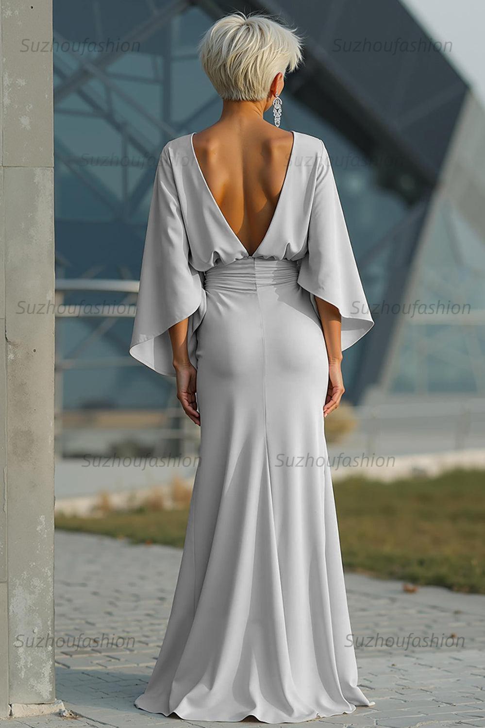 Navy Satin Mermaid Backless Long Mother Of The Bride Dress With Pockets