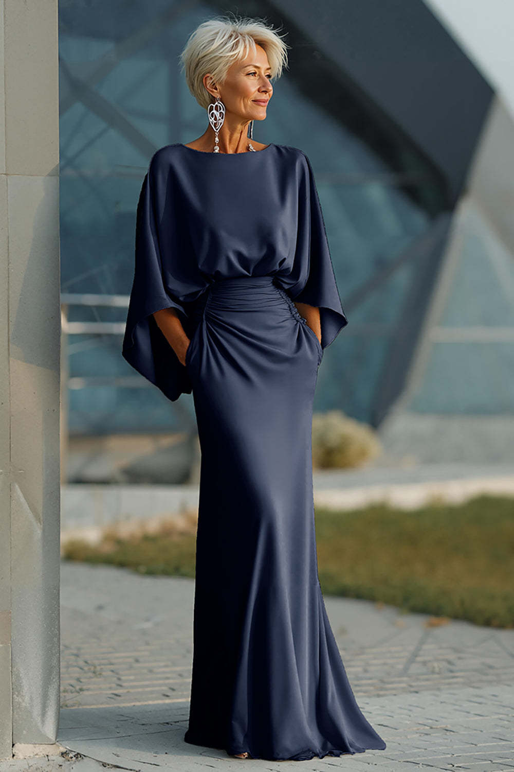 Navy Satin Mermaid Backless Long Mother Of The Bride Dress With Pockets