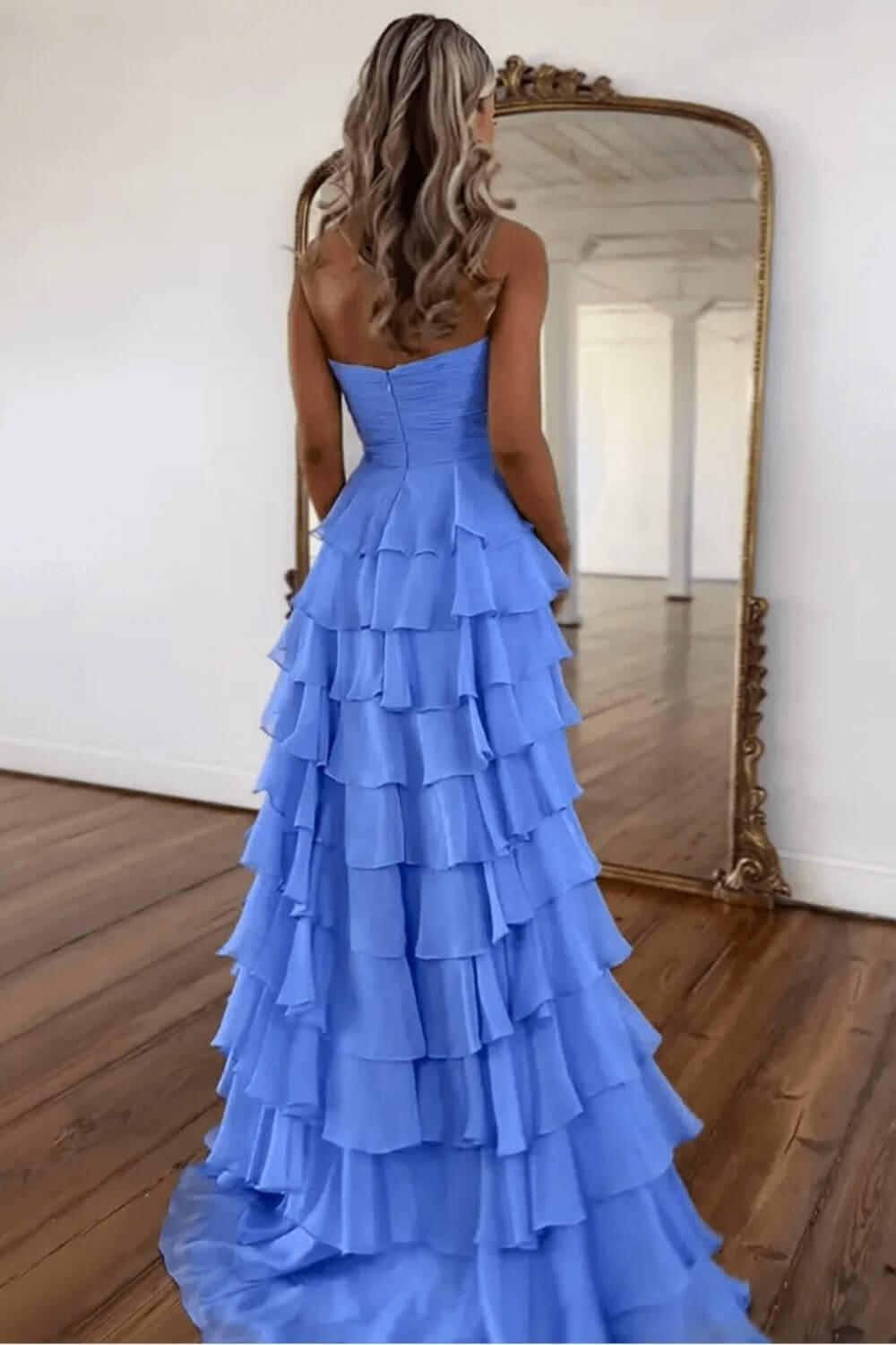 Fuchsia Prom Dress A-Line Sweetheart Tiered Formal Dress With Slit