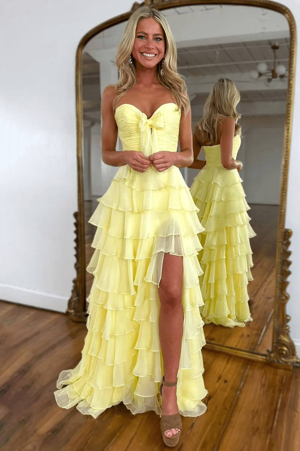 Tiered Fuchsia Prom Dress A-Line Sweetheart Formal Dress With Slit