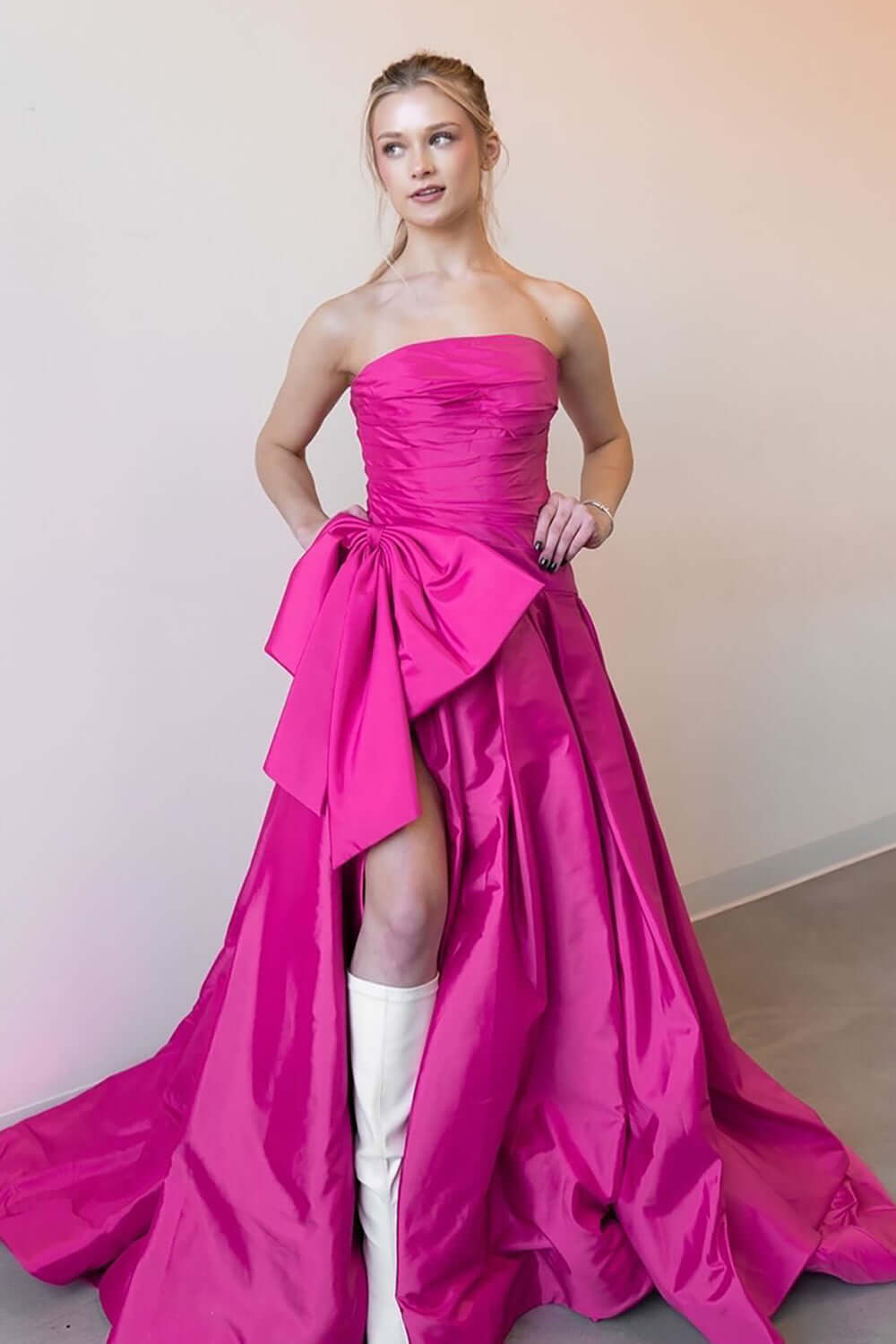 Hot Pink Prom Dress Strapless Sleeveless Pleated Split Evening Formal Dress With Bowknot