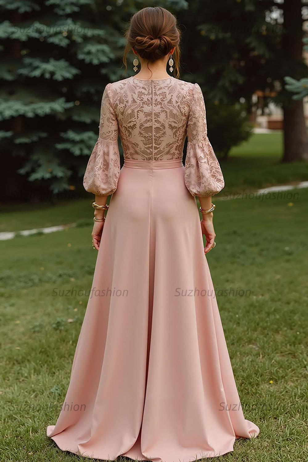 Lace Dusty Rose Puff Sleeves A Line Floor Length Mother Of The Bride Dress
