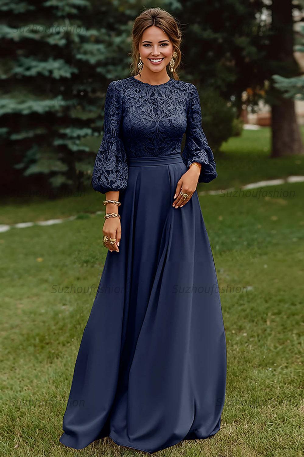 Lace Dusty Rose Puff Sleeves A Line Floor Length Mother Of The Bride Dress