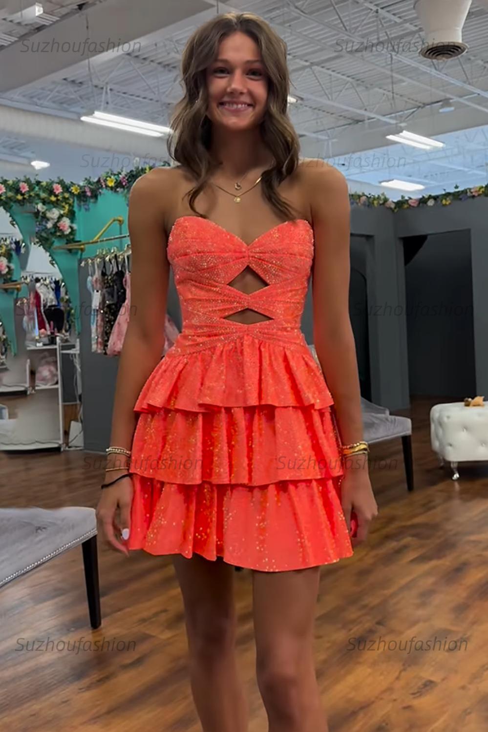 Orange A Line Homecoming Dresses Tiered Short Cocktail Dresses With Beading