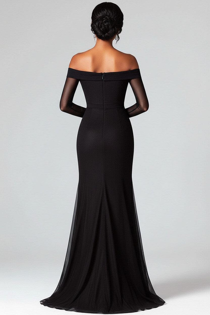 Mermaid Black Wedding Guest Dress Off The Shoulder Formal Dress With Mesh Long Sleeves