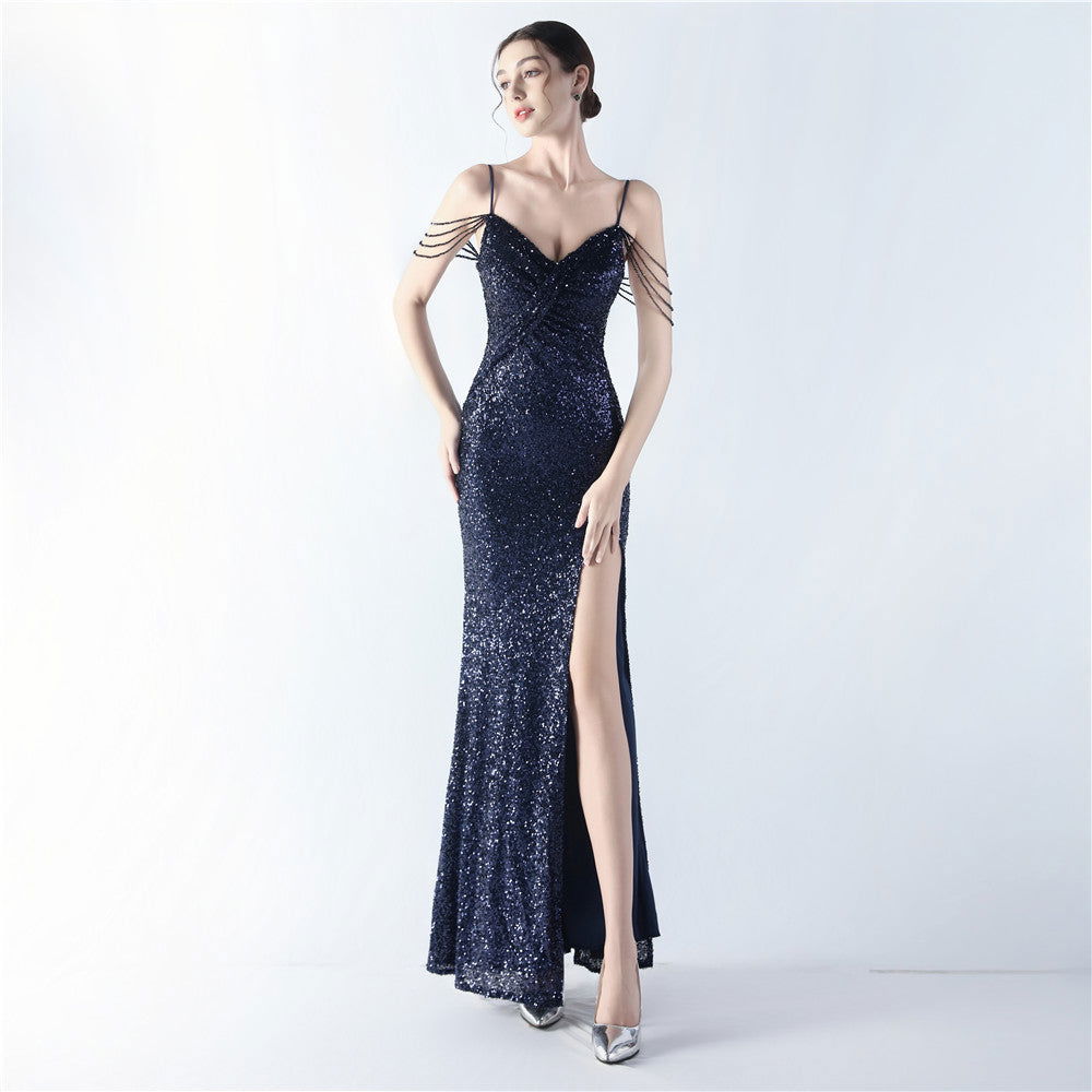 Dress Encryption Sequin Craft Beaded Sling High Fork Evening Dress