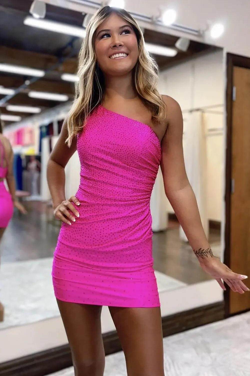 Royal Blue Homecoming Dresses Beaded One Shoulder Tight Short Cocktail Dresses