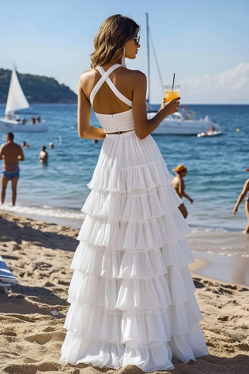Halter Tiered White 2 Piece Ruffled Formal Dress