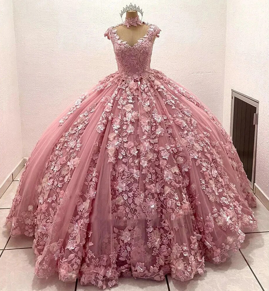 Ball Gown Sweetheart Neck Sleeveless 3D Flower Appliques Beaded Pink Tulle Princess Gown Quinceanera Dress For Sweet 16