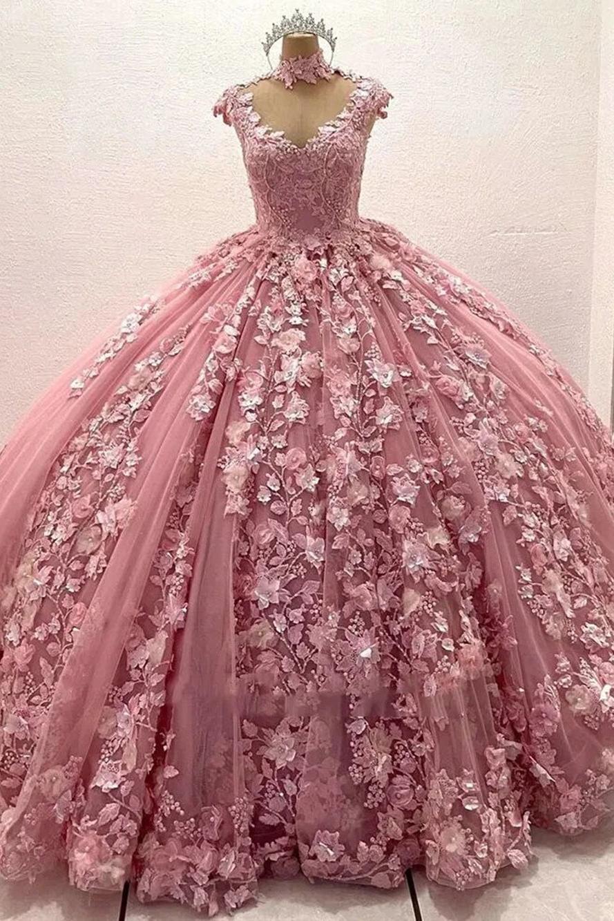 Ball Gown Sweetheart Neck Sleeveless 3D Flower Appliques Beaded Pink Tulle Princess Gown Quinceanera Dress For Sweet 16