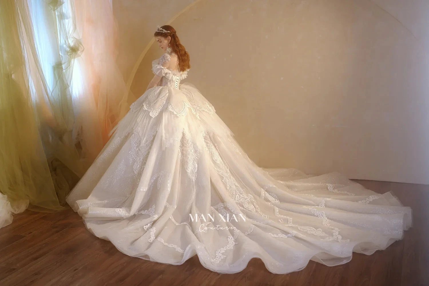 Luminous Ivory Sweetheart Glitter Tulle Ball Gown with Ruffled Sleeves, Pearl Embroidery & Lace Train (ZD16939)