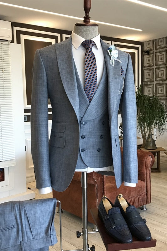 Dusty Blue Peaked Lapel 3 Piece Business Suit