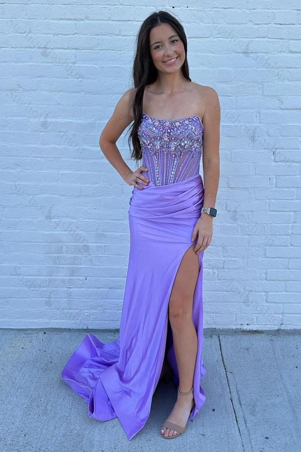 Dusty Blue Prom Dress Strapless Corset Long Formal Dress With Slit