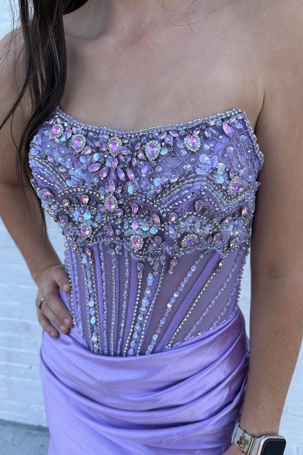 Dusty Blue Prom Dress Strapless Corset Long Formal Dress With Slit