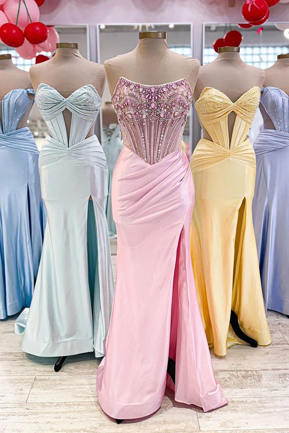 Dusty Blue Prom Dress Strapless Corset Long Formal Dress With Slit