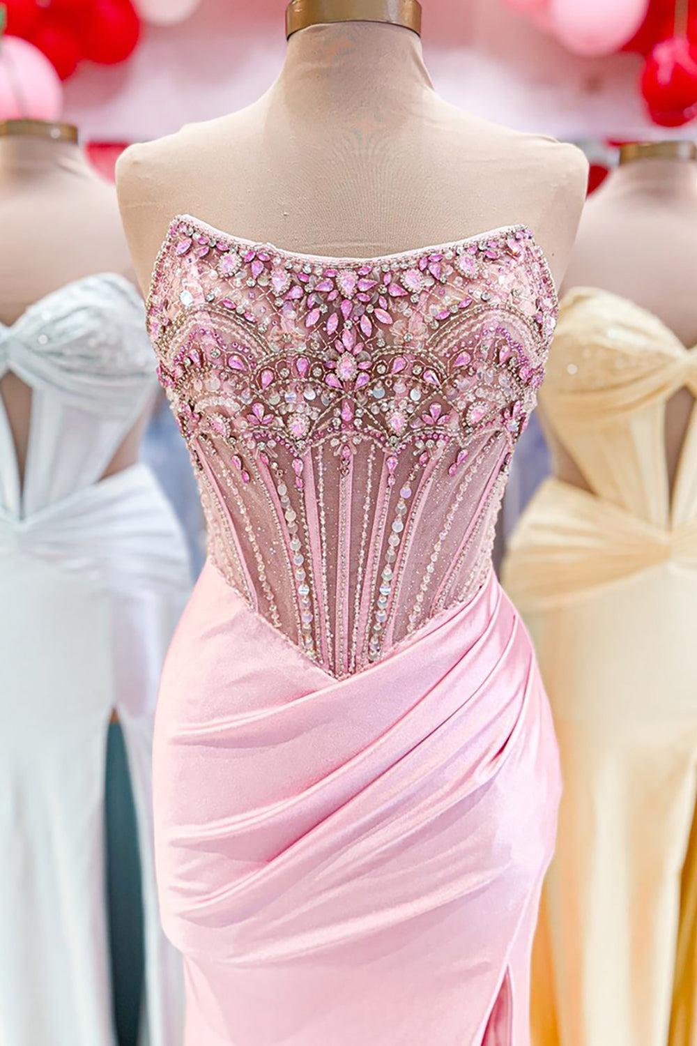 Dusty Blue Prom Dress Strapless Corset Long Formal Dress With Slit