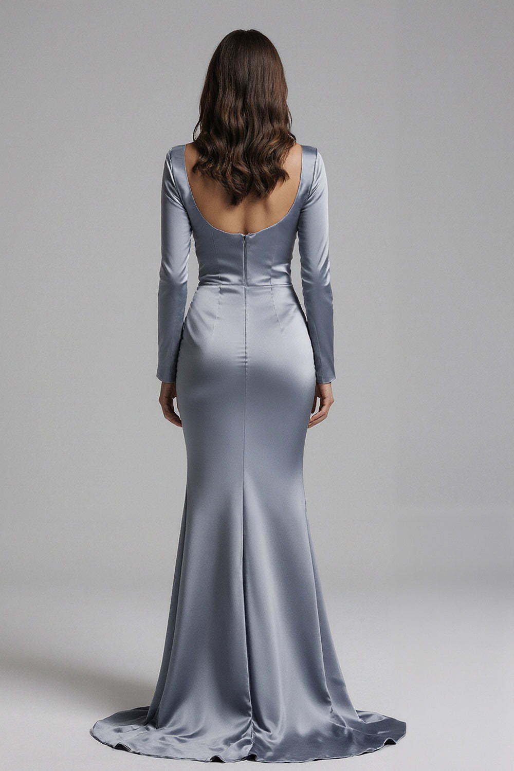 Suzhoufashion Dusty Blue Satin Mermaid Backless Long Sleeves Prom Dress With Slit