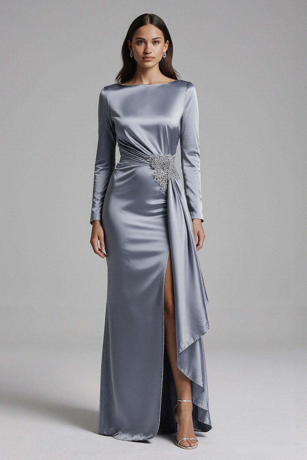 Suzhoufashion Dusty Blue Satin Mermaid Backless Long Sleeves Prom Dress With Slit