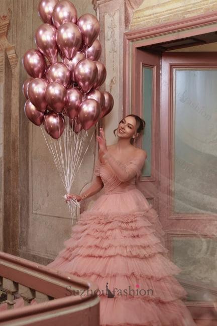 Dusty Rose A Line Prom Dress Strapless Off The Shoulder Sleeves Ball Gown Tulle Formal Dress
