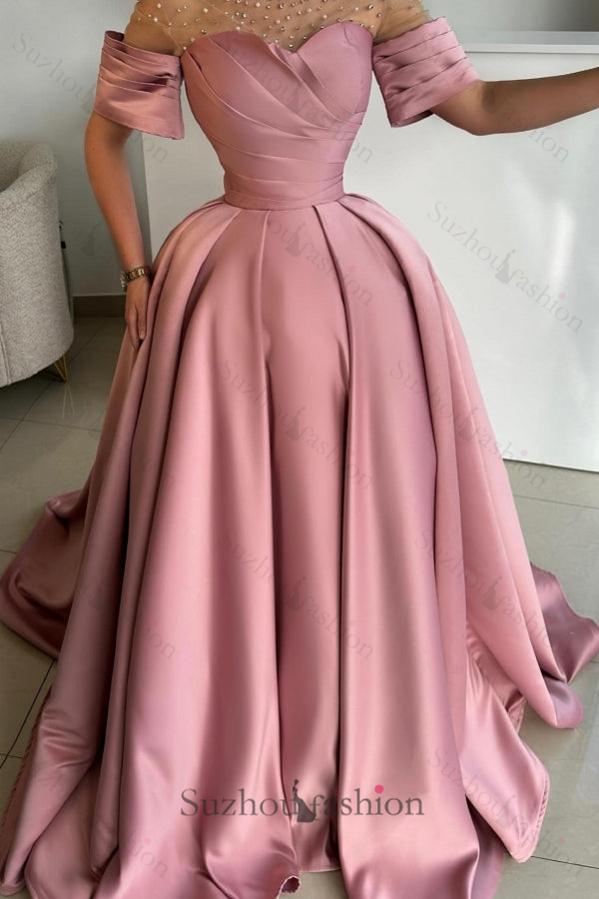 Dusty Rose A Line Satin Rhinestones Formal Dress With Short Sleeves