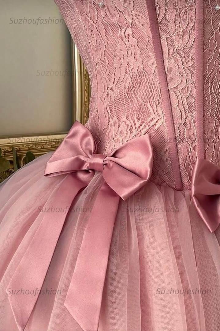 Dusty Rose Pearl Lace Corset Mini Homecoming Dress Triple Bow Waist & Tulle Skirt