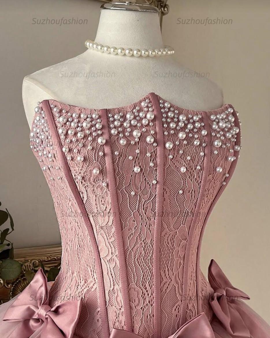 Dusty Rose Pearl Lace Corset Mini Homecoming Dress Triple Bow Waist & Tulle Skirt