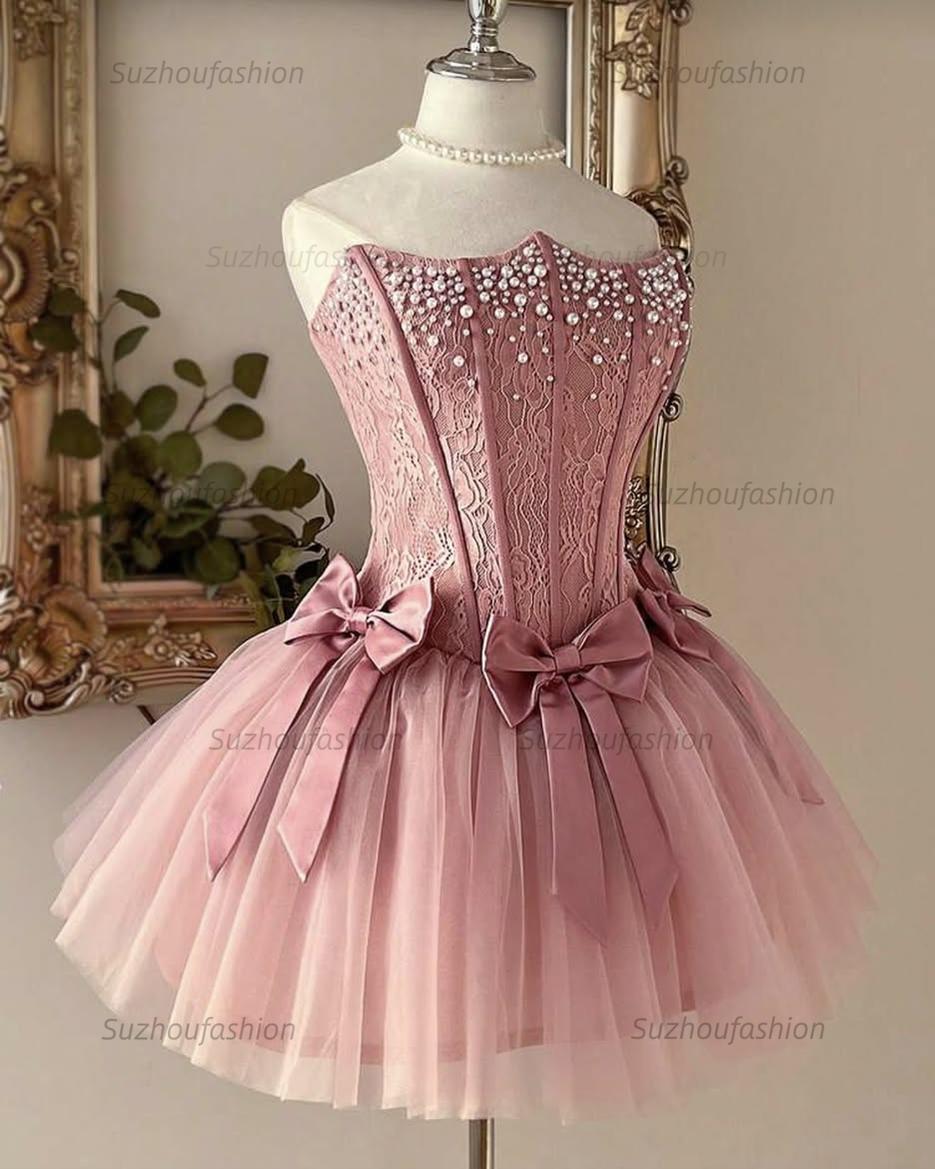Dusty Rose Pearl Lace Corset Mini Homecoming Dress Triple Bow Waist & Tulle Skirt