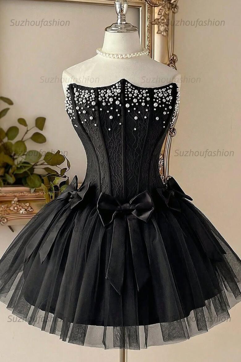 Dusty Rose Pearl Lace Corset Mini Homecoming Dress Triple Bow Waist & Tulle Skirt
