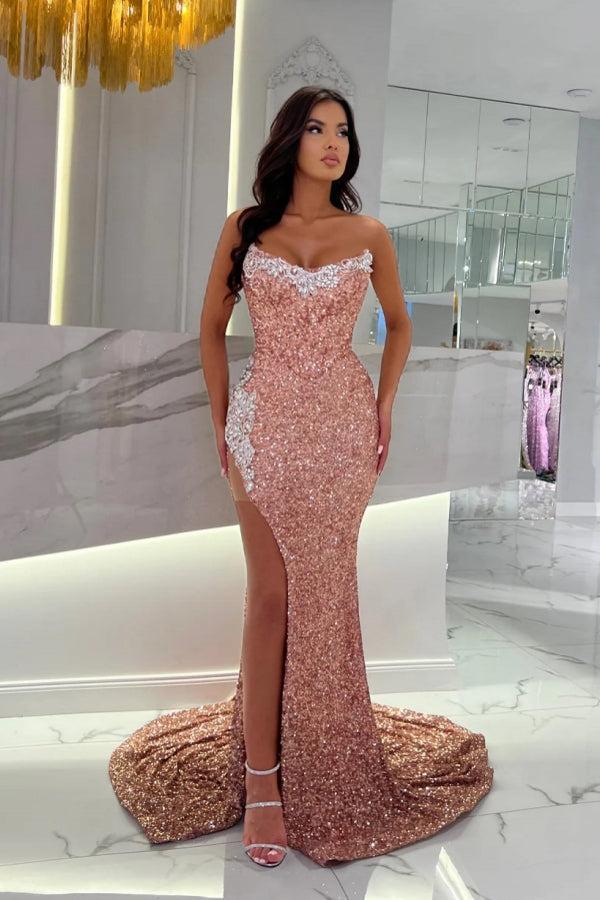 Dusty Rose Prom Dress Strapless Sequined Lace Formal Dress With Slit