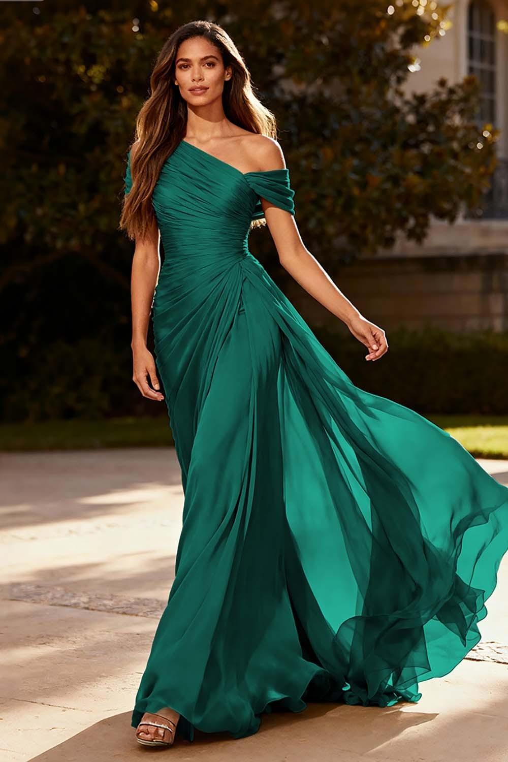 Suzhoufashion Dusty Sage One Shoulder Chiffon Ruched Long Prom Dress With Side Cape