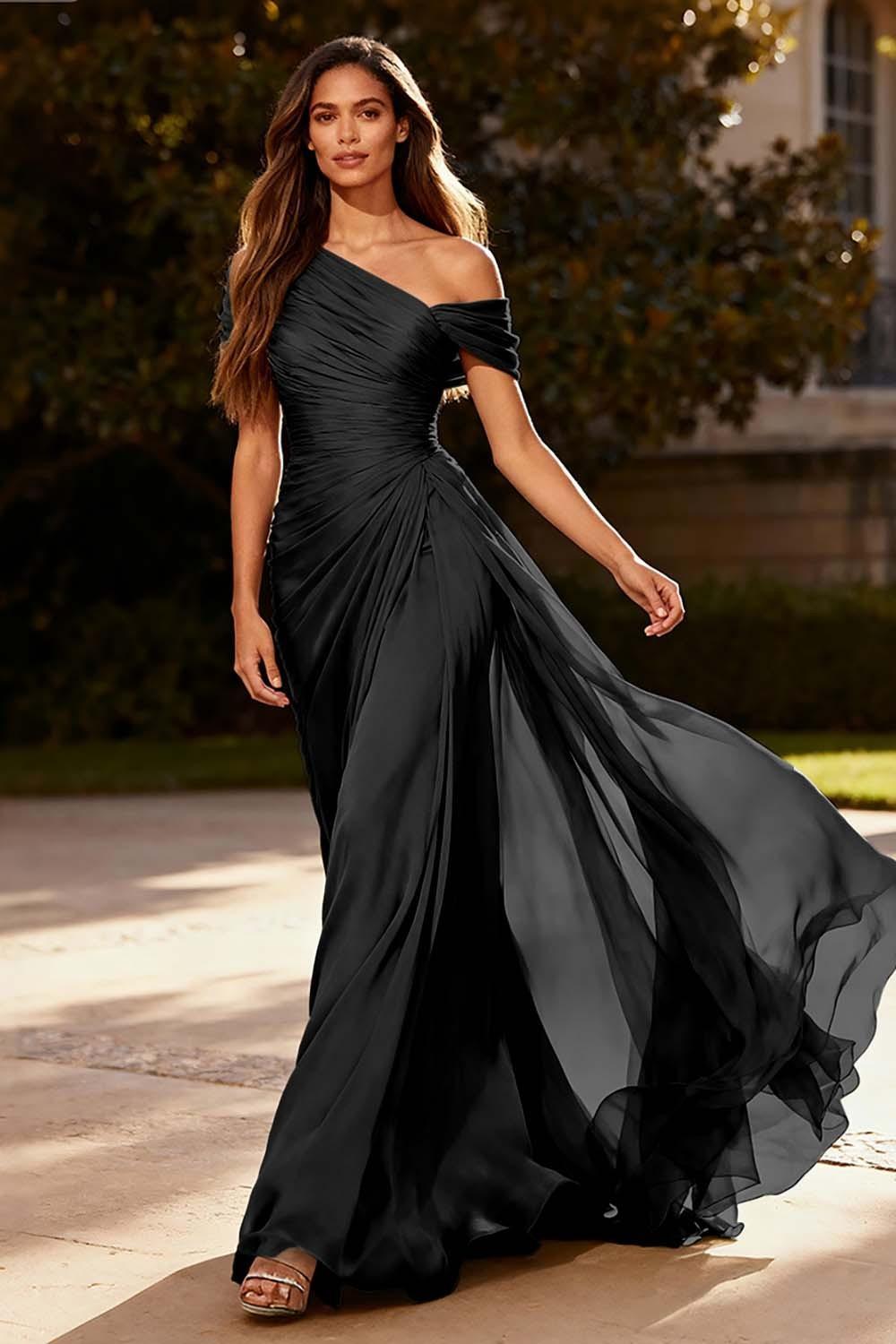 Suzhoufashion Dusty Sage One Shoulder Chiffon Ruched Long Prom Dress With Side Cape