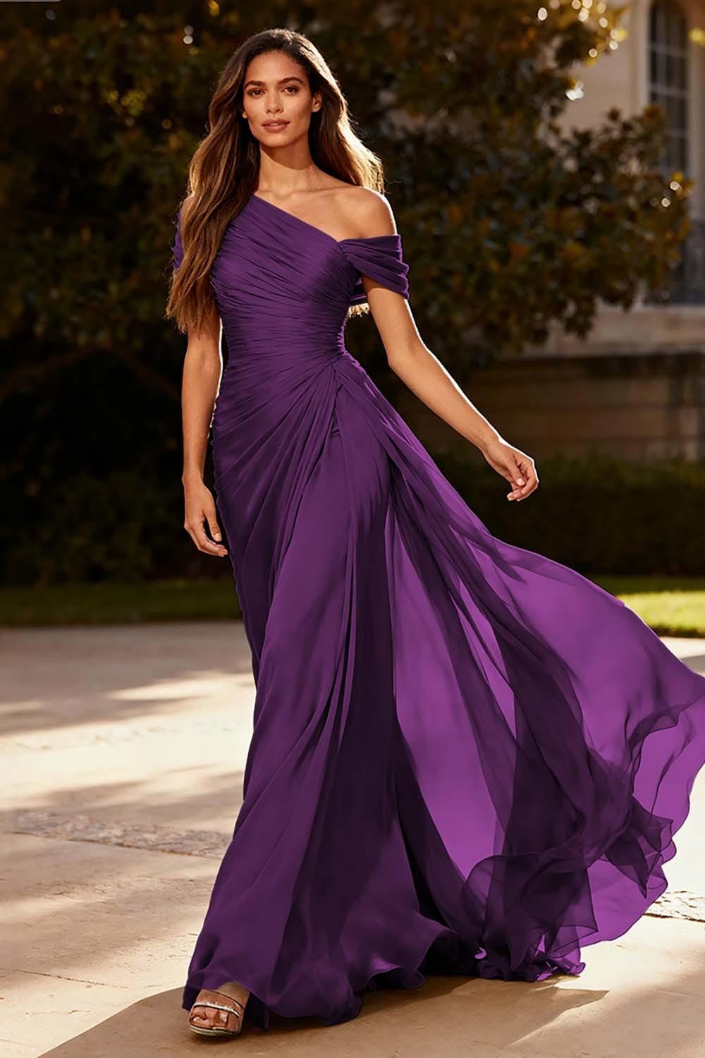Suzhoufashion Dusty Sage One Shoulder Chiffon Ruched Long Prom Dress With Side Cape