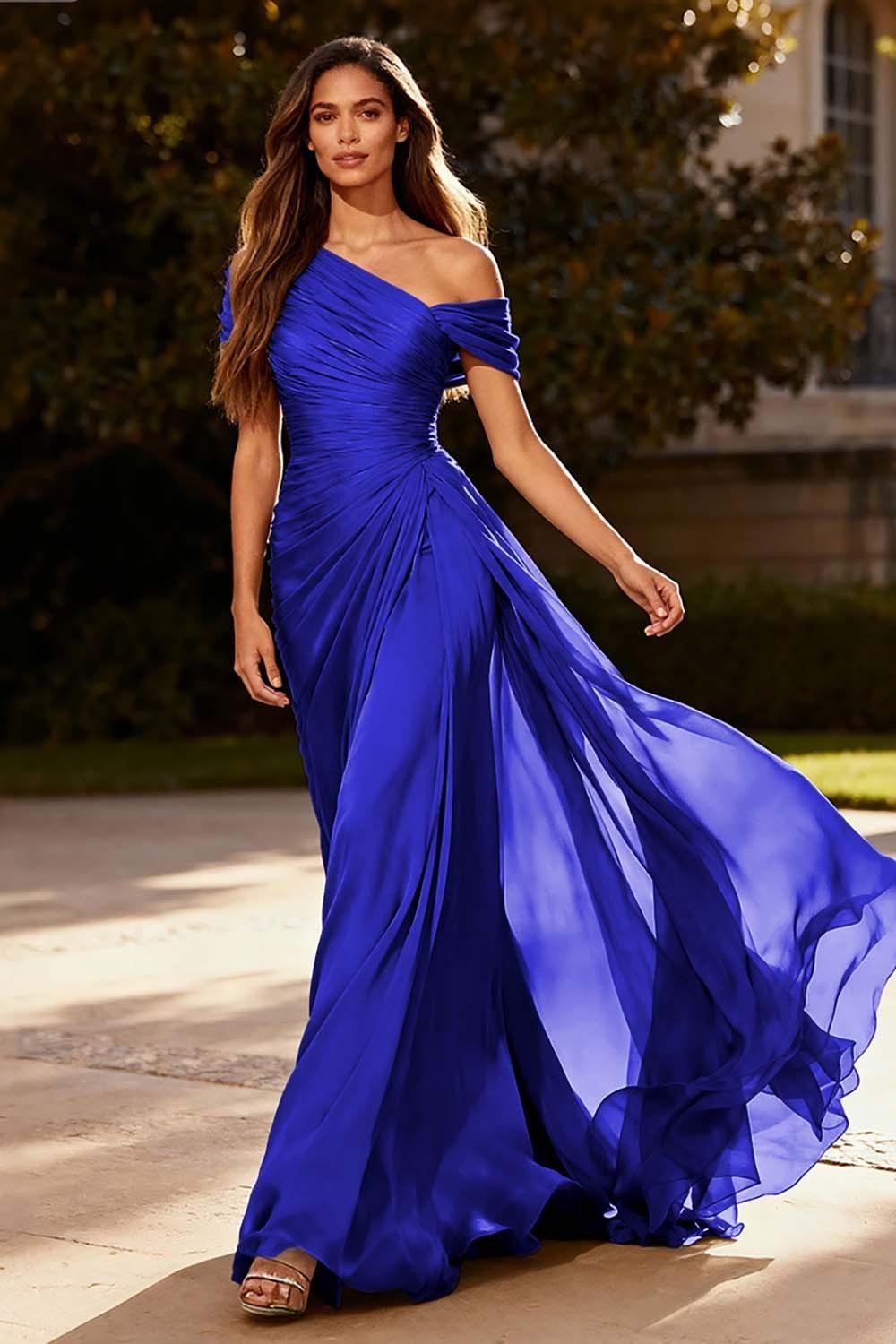 Suzhoufashion Dusty Sage One Shoulder Chiffon Ruched Long Prom Dress With Side Cape