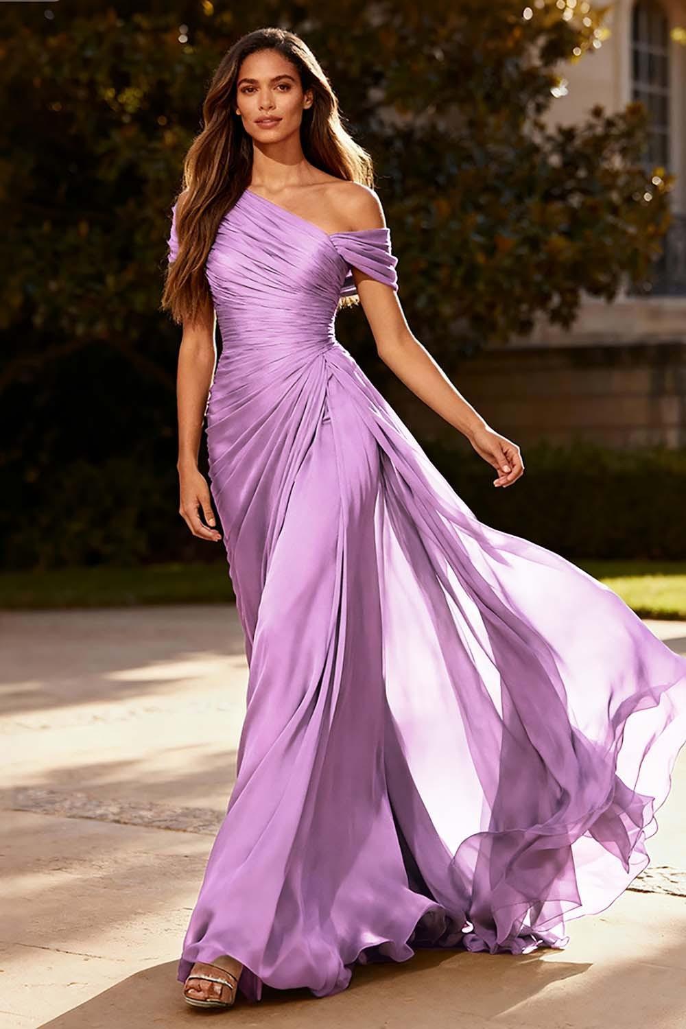 Suzhoufashion Dusty Sage One Shoulder Chiffon Ruched Long Prom Dress With Side Cape