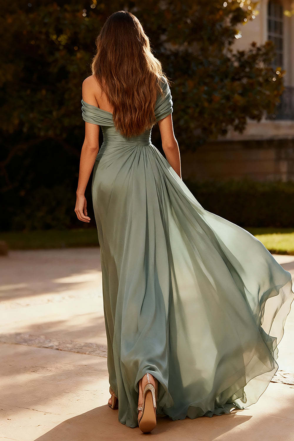 Suzhoufashion Dusty Sage One Shoulder Chiffon Ruched Long Prom Dress With Side Cape