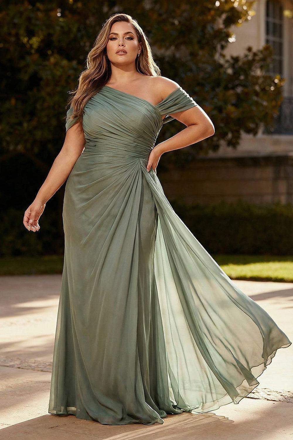 Suzhoufashion Dusty Sage One Shoulder Chiffon Ruched Long Prom Dress With Side Cape
