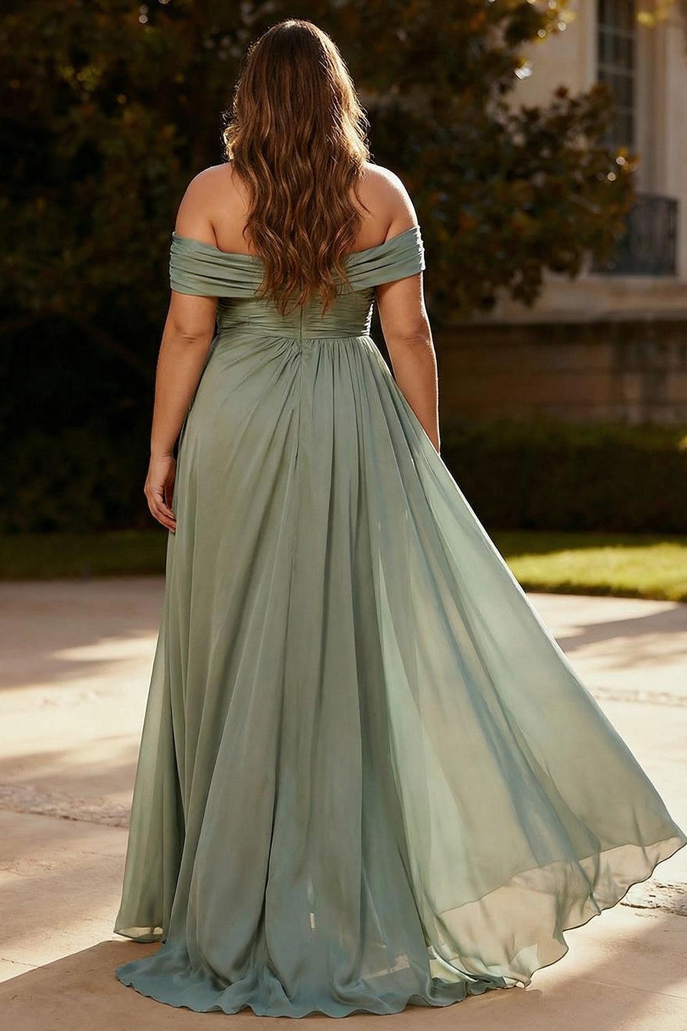 Suzhoufashion Dusty Sage One Shoulder Chiffon Ruched Long Prom Dress With Side Cape
