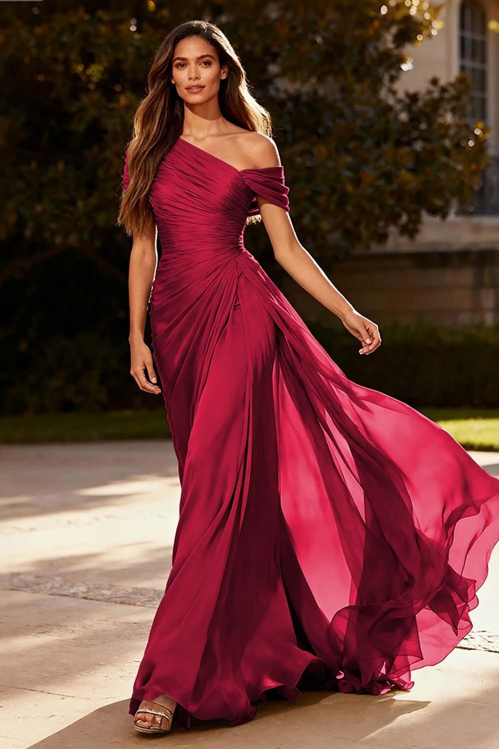 Suzhoufashion Dusty Sage One Shoulder Chiffon Ruched Long Prom Dress With Side Cape