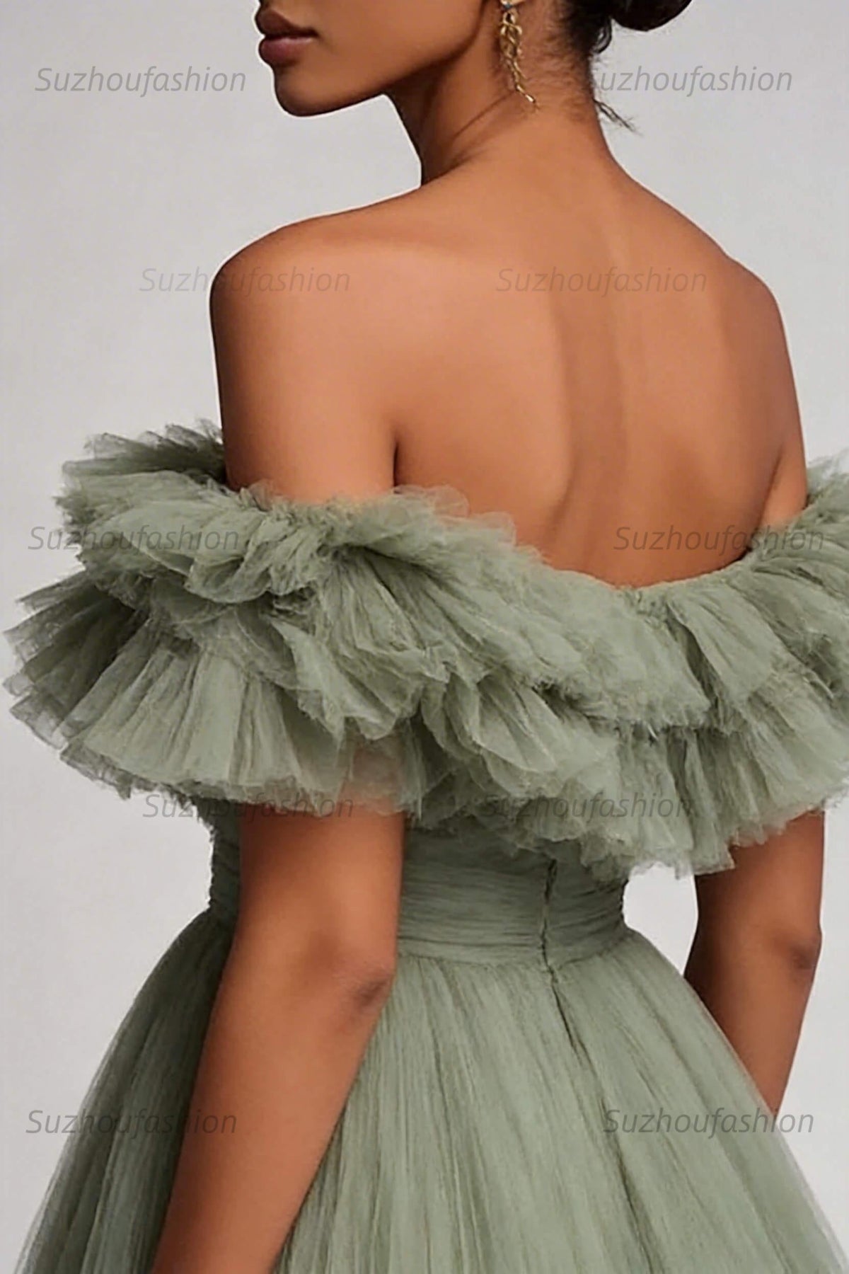 Dusty Sage Prom Dress Tulle A Line Long Formal Dress With Ruffles