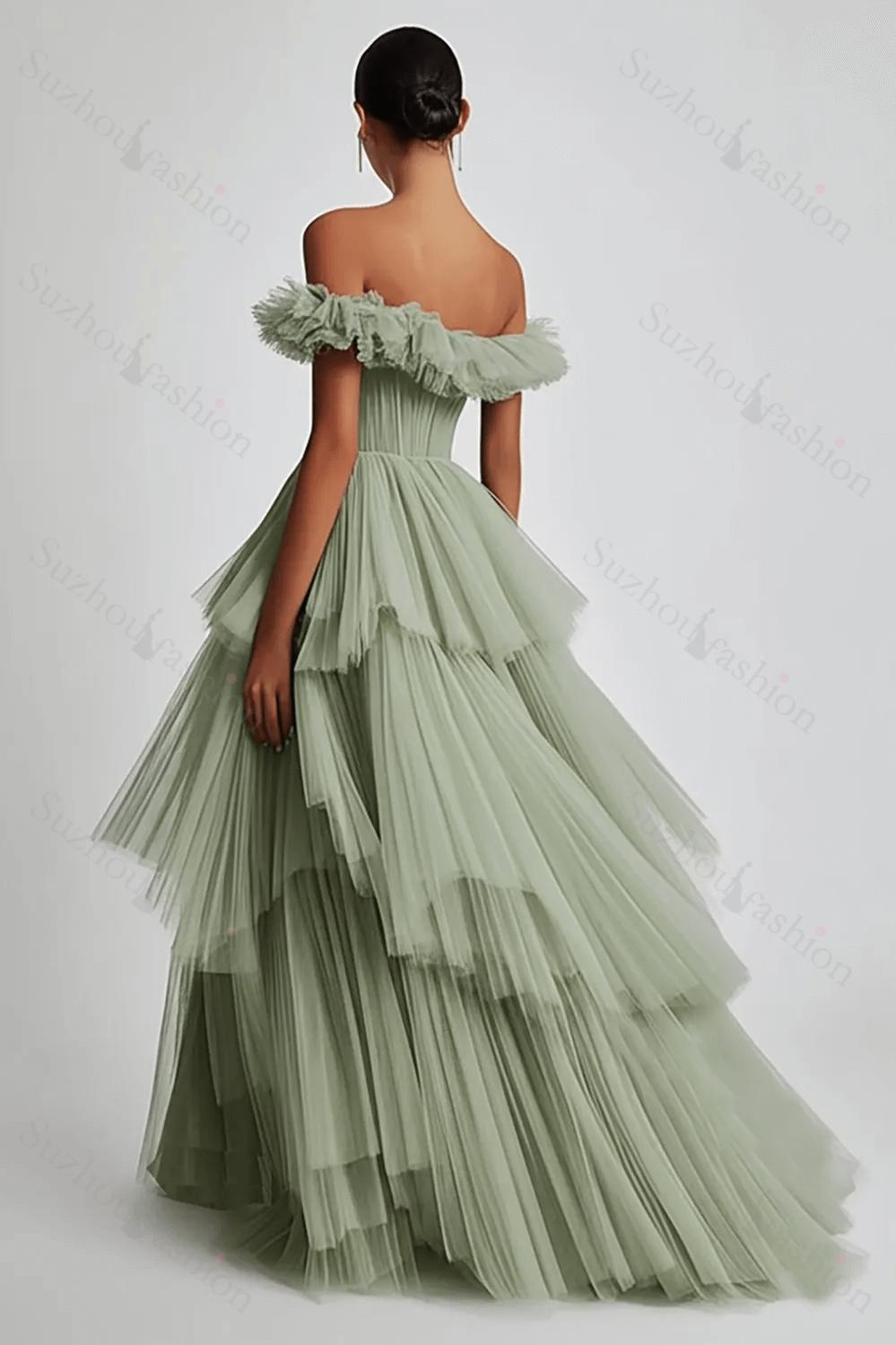 Dusty Sage Prom Dress Tulle Off The Shoulder Ball Gown Formal Dress With Ruffles
