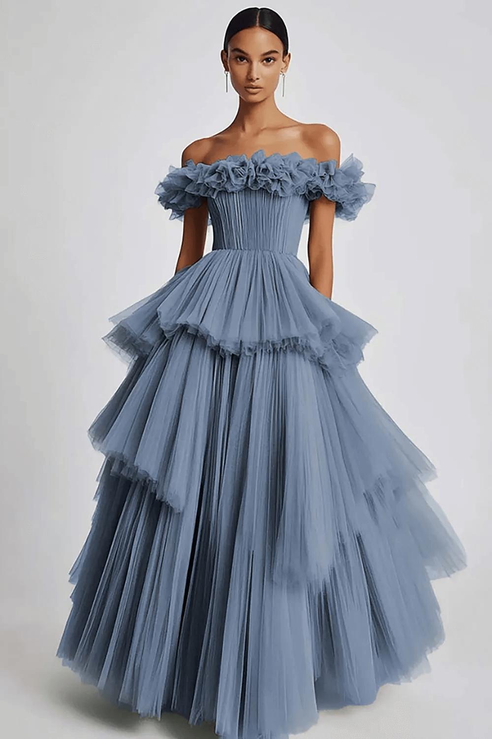 Dusty Sage Prom Dress Tulle Off The Shoulder Ball Gown Formal Dress With Ruffles