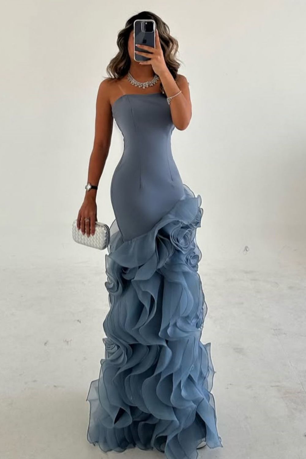 Dusty Blue Mermaid Strapless Lace Up Long Tulle Prom Dress with Ruffle