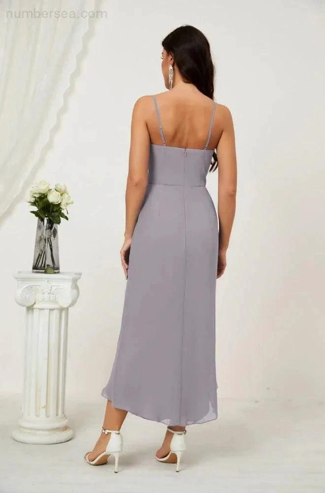 ZapDress Spaghetti Chiffon V Neck Bridesmaid Dress Mid-Length Slit Formal Prom Dress Homecoming Dress 2803 (ZD16952)