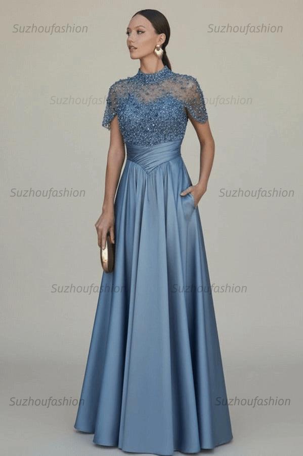 High Neck Short Sleeves Long Evening Formal Dress With Beading Pockets