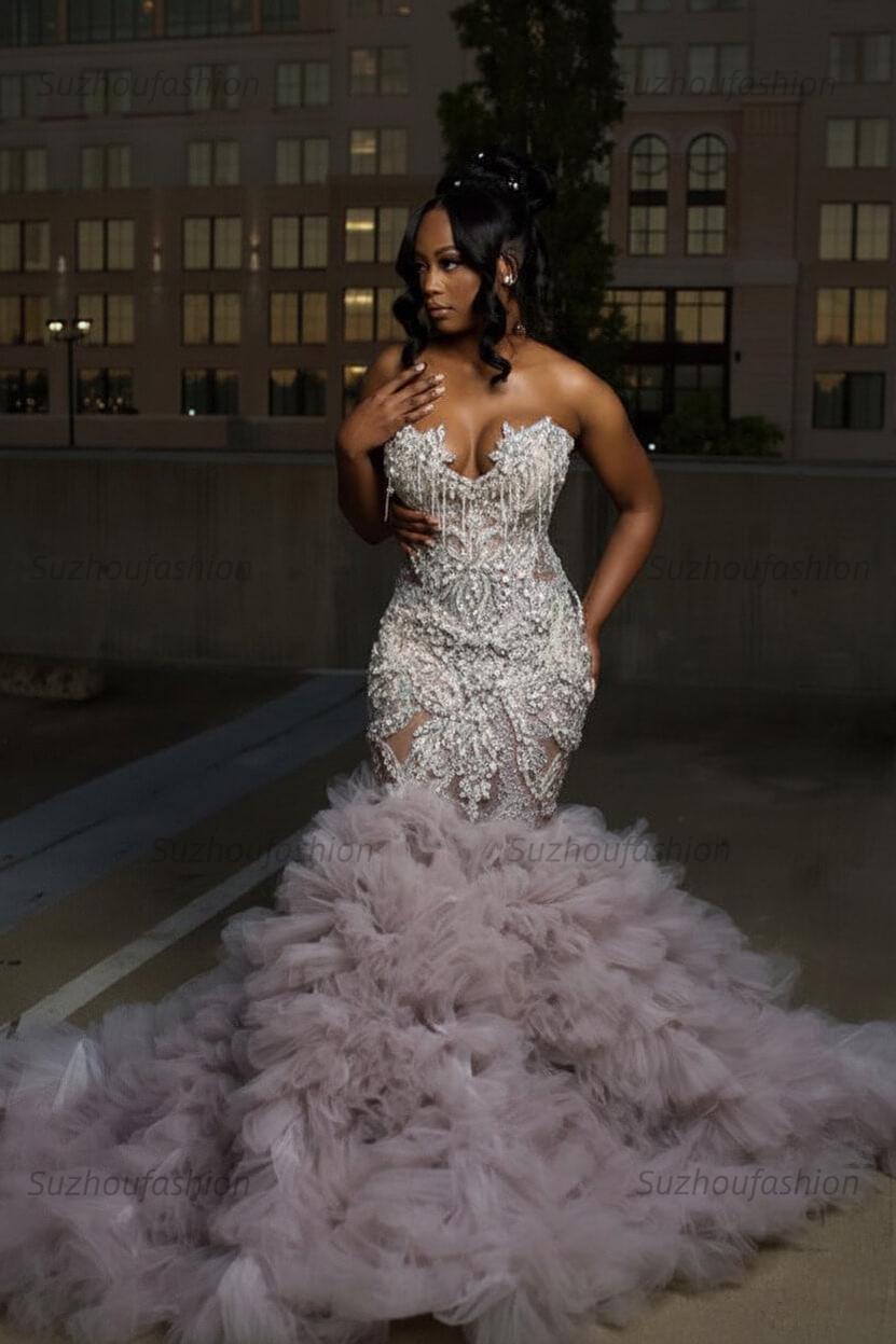Mermaid Sweetheart Prom Dress Ruffled Sleeveless Formal Evening Gown with Rhinestones and Beadings