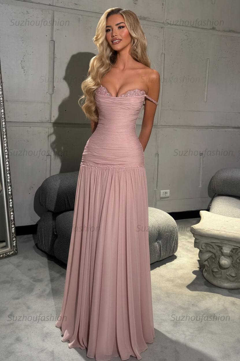 Off The Shoulder Prom Dress Sleeveless Pleated A Line Formal Evening Gown