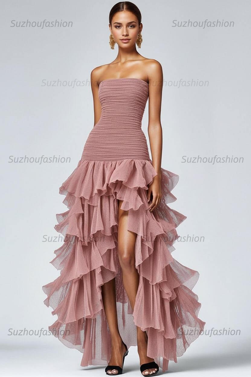 Black Wedding Guest Dress Strapless Tulle Long Ruffled Formal Dress With Slit